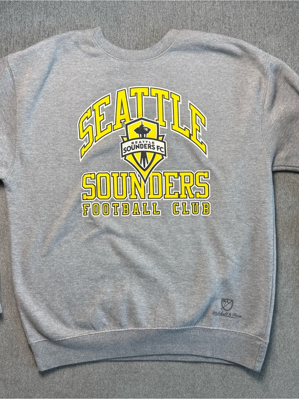 Mitchell & Ness Gray Crewneck Sweatshirt with Yellow Seattle Sounders Logo